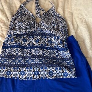 Lands' End Blue and White Tankini and Skirt Swim Set 12DD & 12